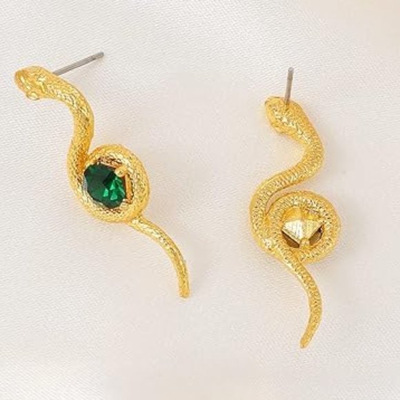 Gold Coiled Snake Green Stone Earrings 3D Snakes Modern Nature Boho Post New - Picture 6 of 7